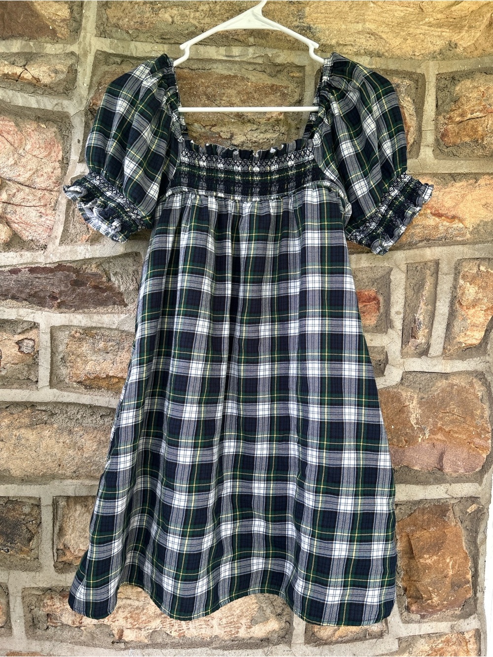 American Eagle Outfitters Navy & White Tartan Plaid Smocked Flannel Dress XS